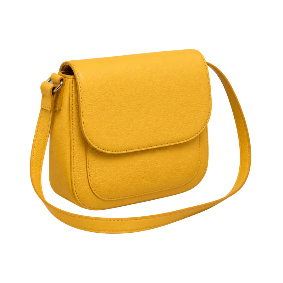 Yellow leather crossbody bag isolated on transparency after background removal.