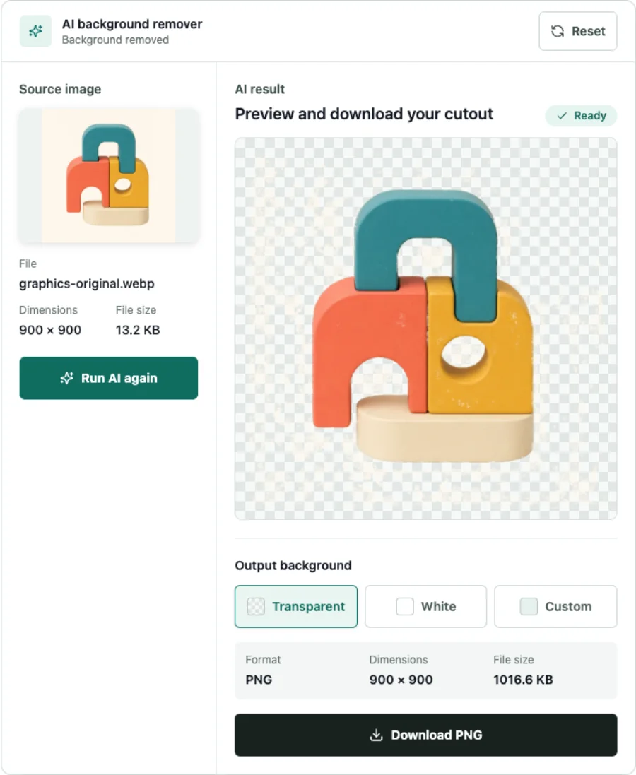 AI background remover result workspace showing the source image, transparent cutout, background choices, PNG dimensions, file size, and download control.