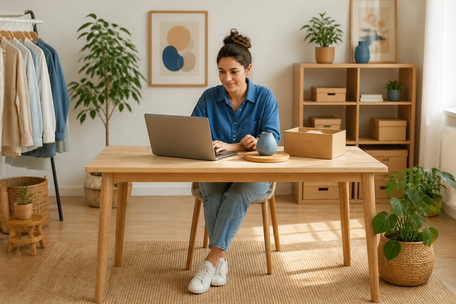 Online seller preparing product photos beside a laptop.