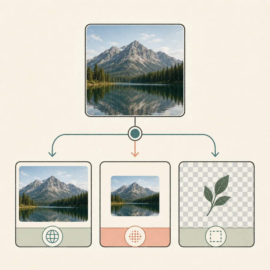 Illustration comparing a detailed photo, a compact web image, and a transparent graphic as output-format choices.