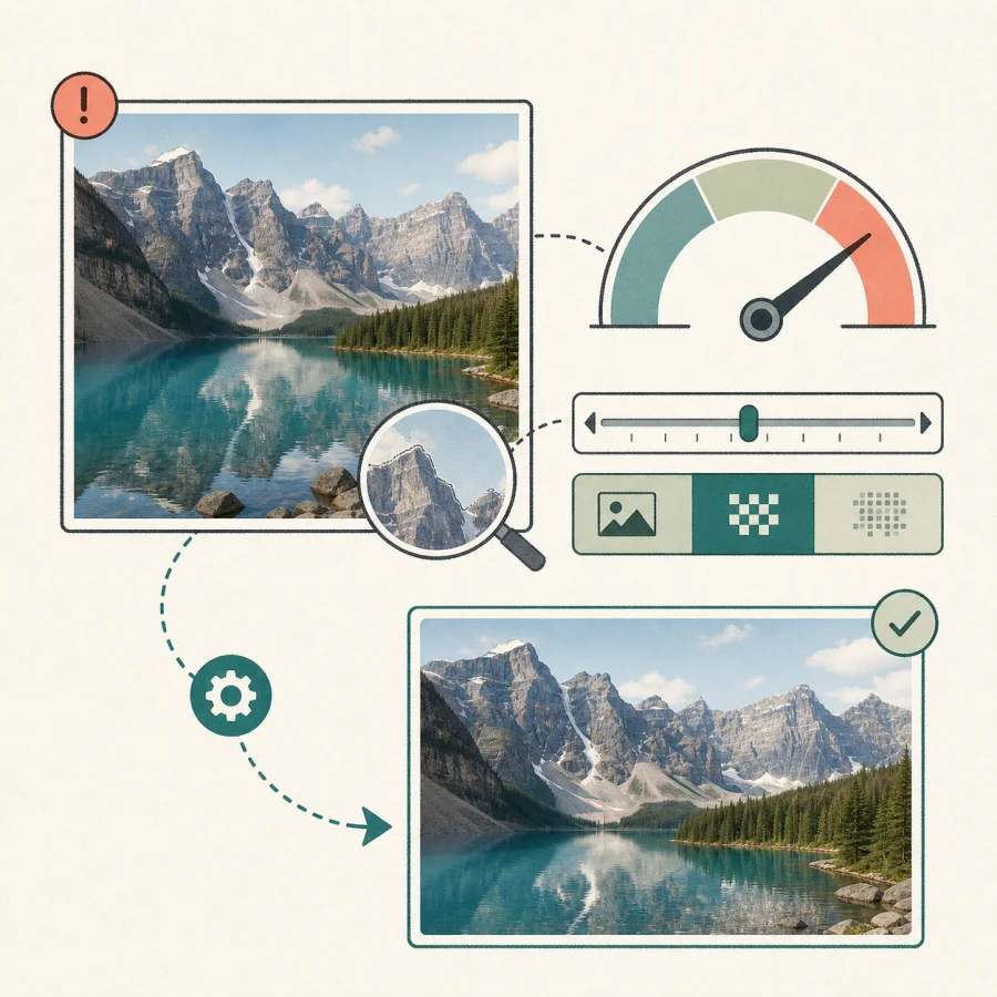 Illustration of reviewing an image that is still too large and adjusting format or dimensions before downloading.