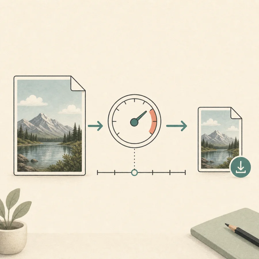 Illustration of a source photo moving through a target-size check to a smaller downloadable image.