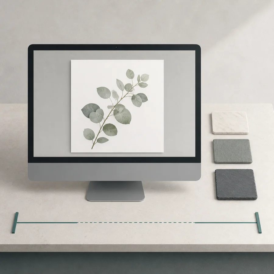 Illustration of one image sheet handled inside a local device workspace with format swatches and a boundary guide.