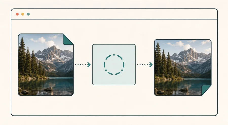 Visual sequence showing a HEIC photo becoming a JPG result in a browser workflow.
