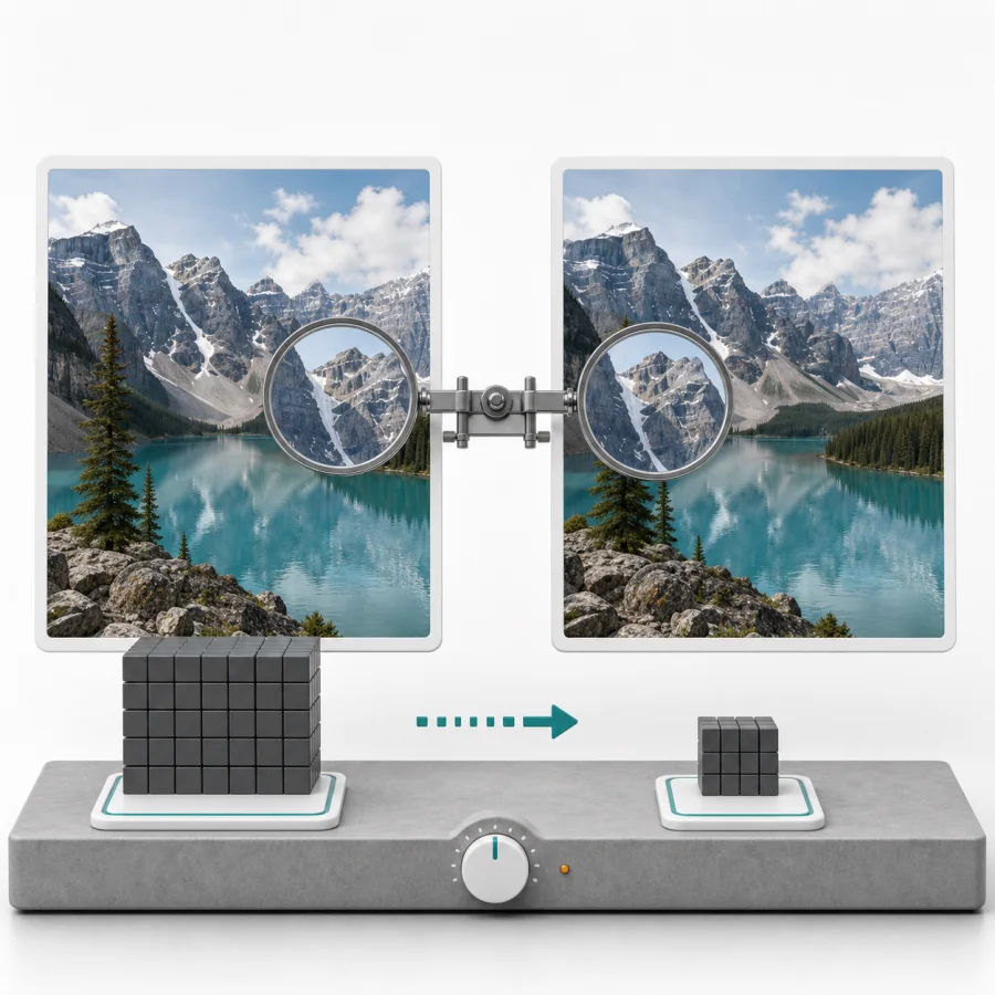 The same image compared before and after compression with detail inspection and file-size indicators