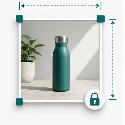 Image frame with resize handles, dimension guides, and an aspect ratio lock