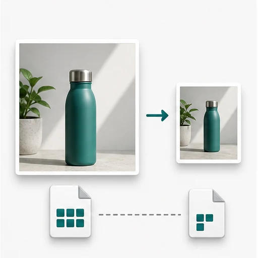 Original and proportionally resized product image with output comparison symbols