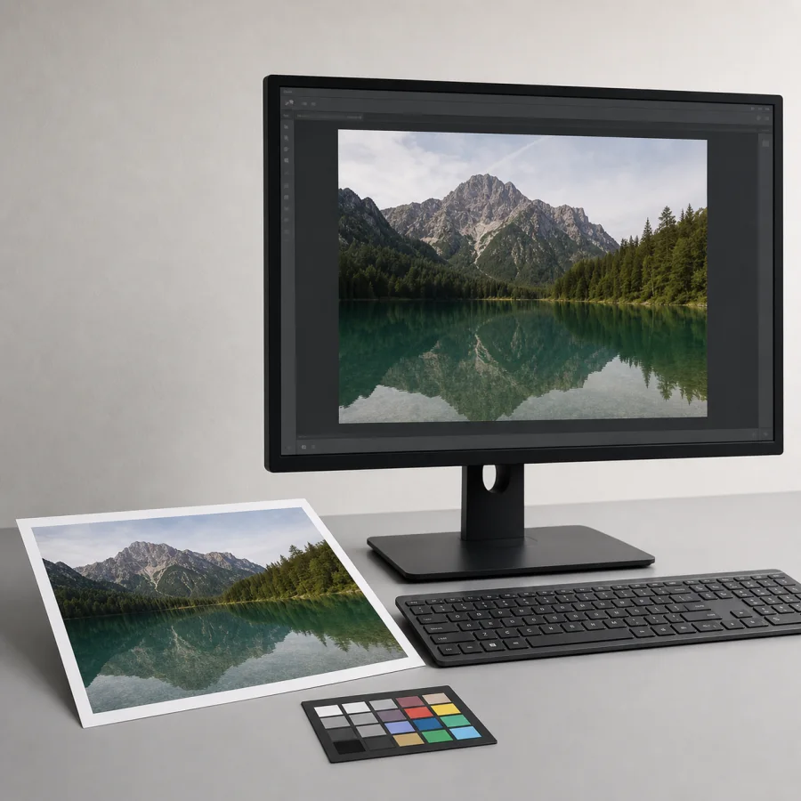 JPG image prepared for a design and editing workflow on a monitor and proof sheet