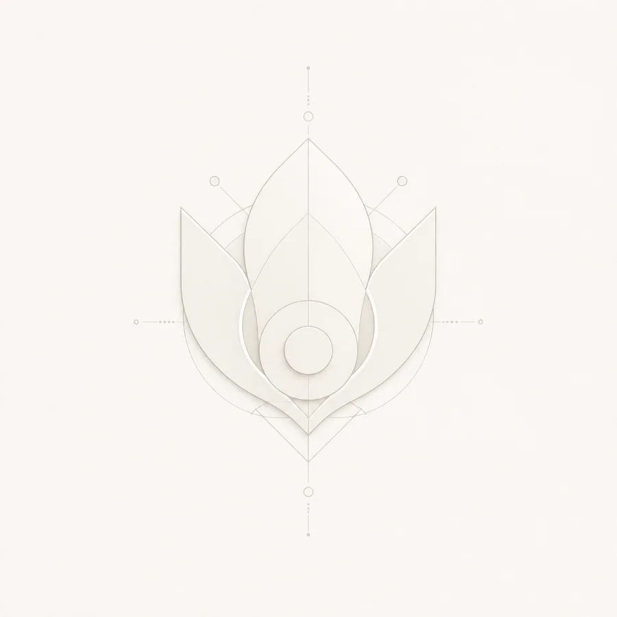 Illustrative pale abstract logo with fine line details on a warm off-white surface.