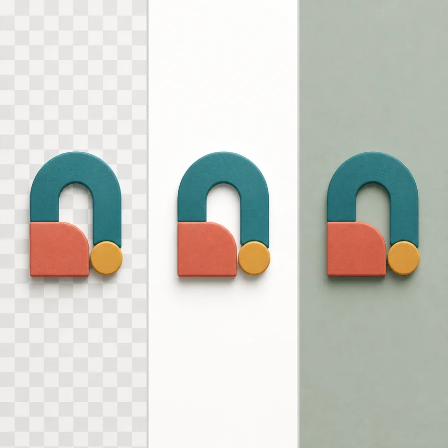 Illustrative abstract logo mark displayed on transparent checkerboard, white, and solid green surfaces.