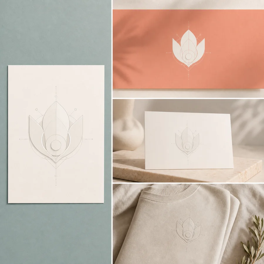 Illustrative logo comparison: a pale source rectangle beside the same abstract mark on a banner, presentation card, and folded apparel.