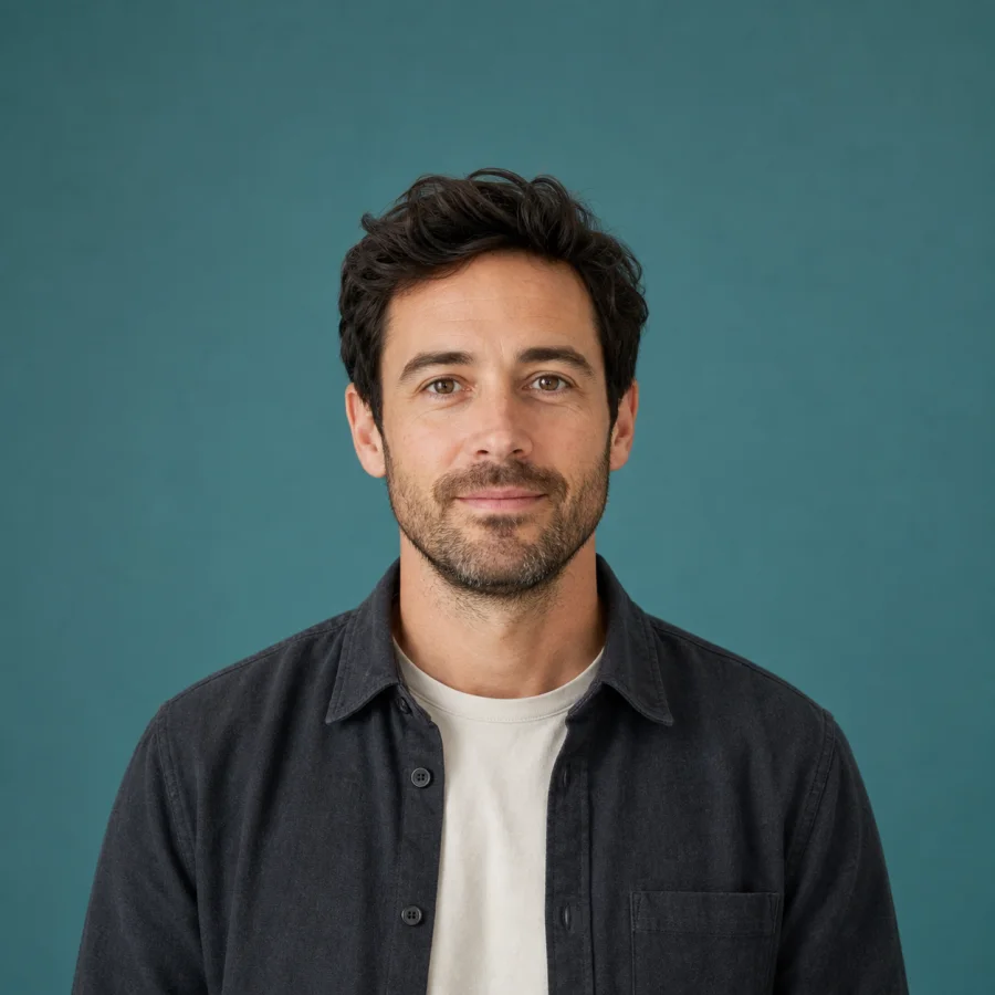 Illustrative head-and-shoulders portrait with comfortable margin on a muted teal background for a profile or team layout.