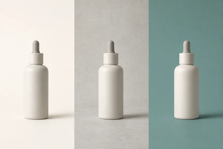 Conceptual three-part product presentation showing an unbranded bottle on white and colored backgrounds for output-choice guidance.