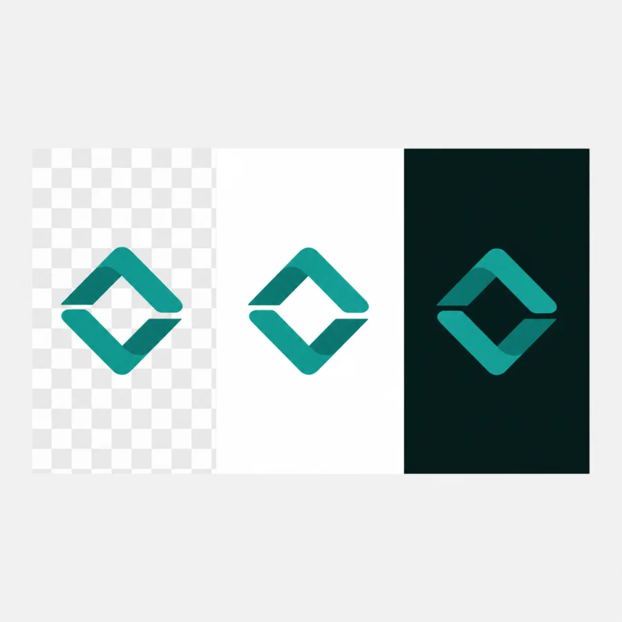 Abstract teal mark with transparent edges shown on checkerboard, light, and dark backgrounds.