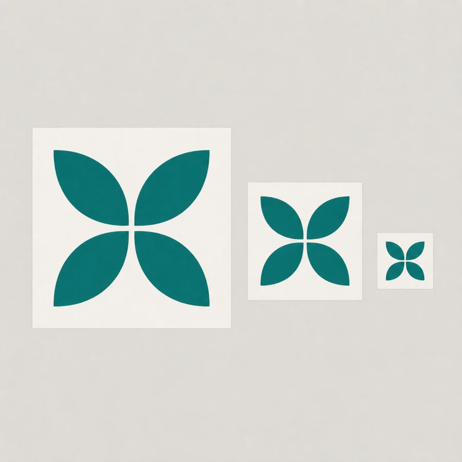 The same abstract icon shown in large, medium, and small unlabelled square tiles for legibility review.