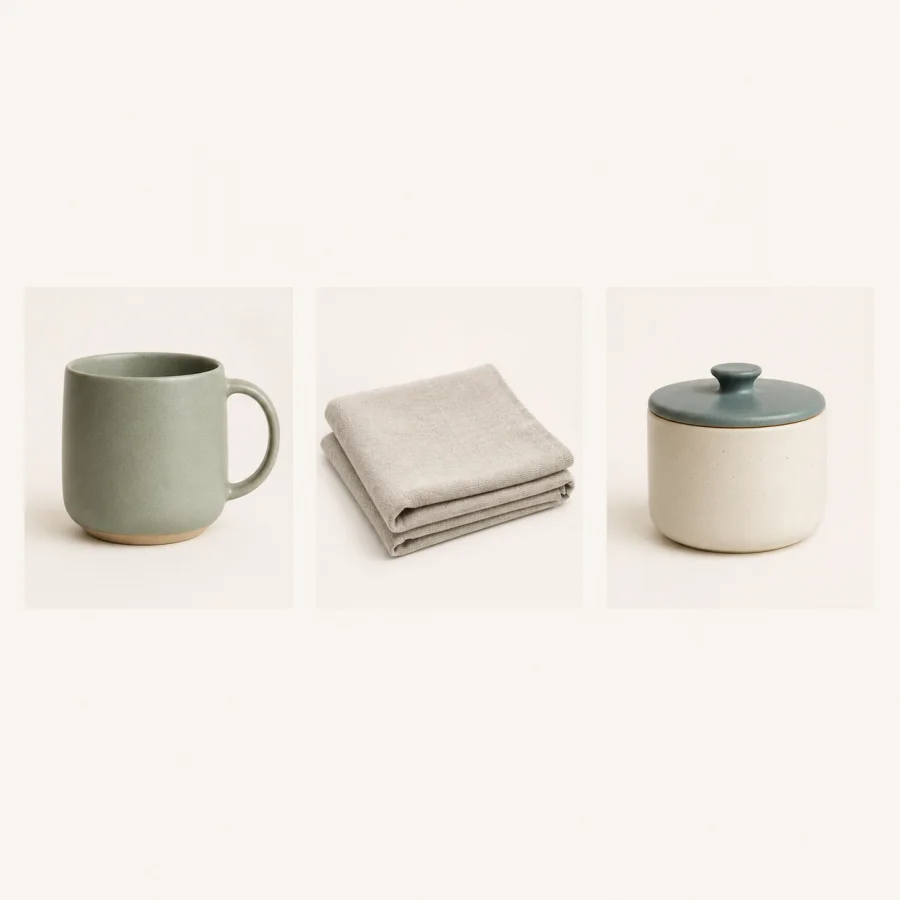 Conceptual grid of three unbranded product photos with matching light backgrounds and even centered spacing for collection consistency guidance.