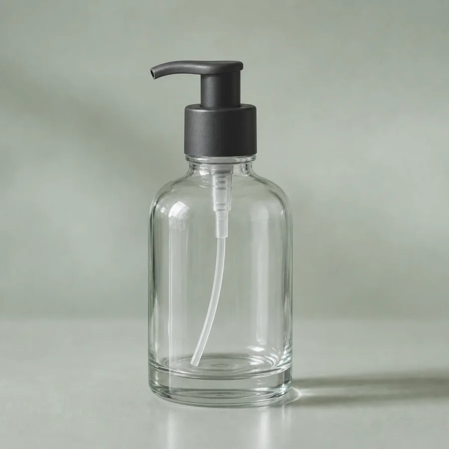 Unbranded clear glass pump bottle with thin details, reflections, and a soft shadow for cutout edge review guidance.